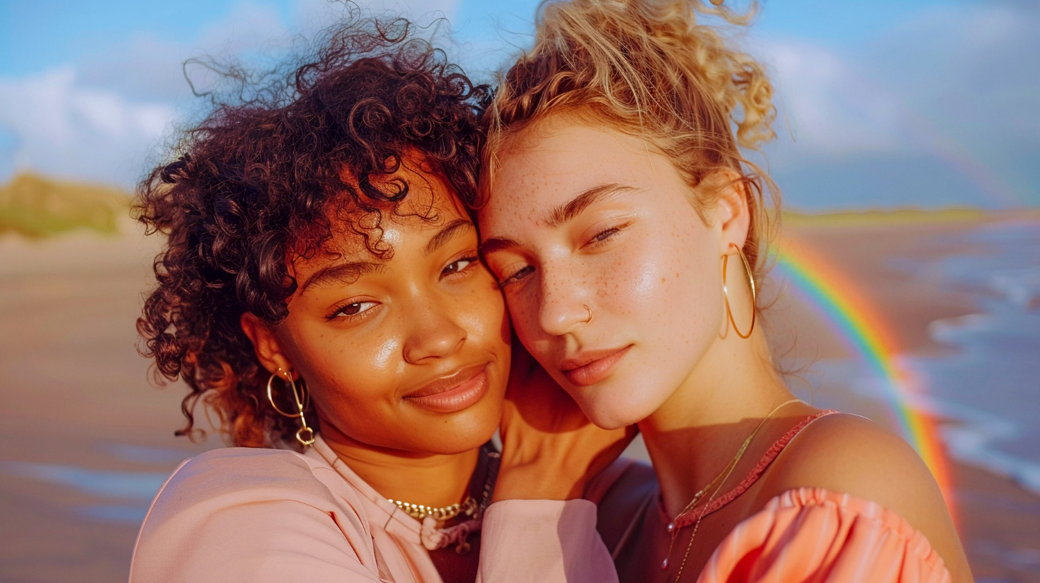 Two women sharing a close moment on a beach