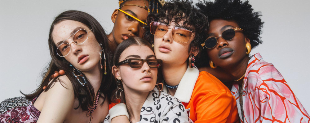 A stylish, diverse group of young adults posing together